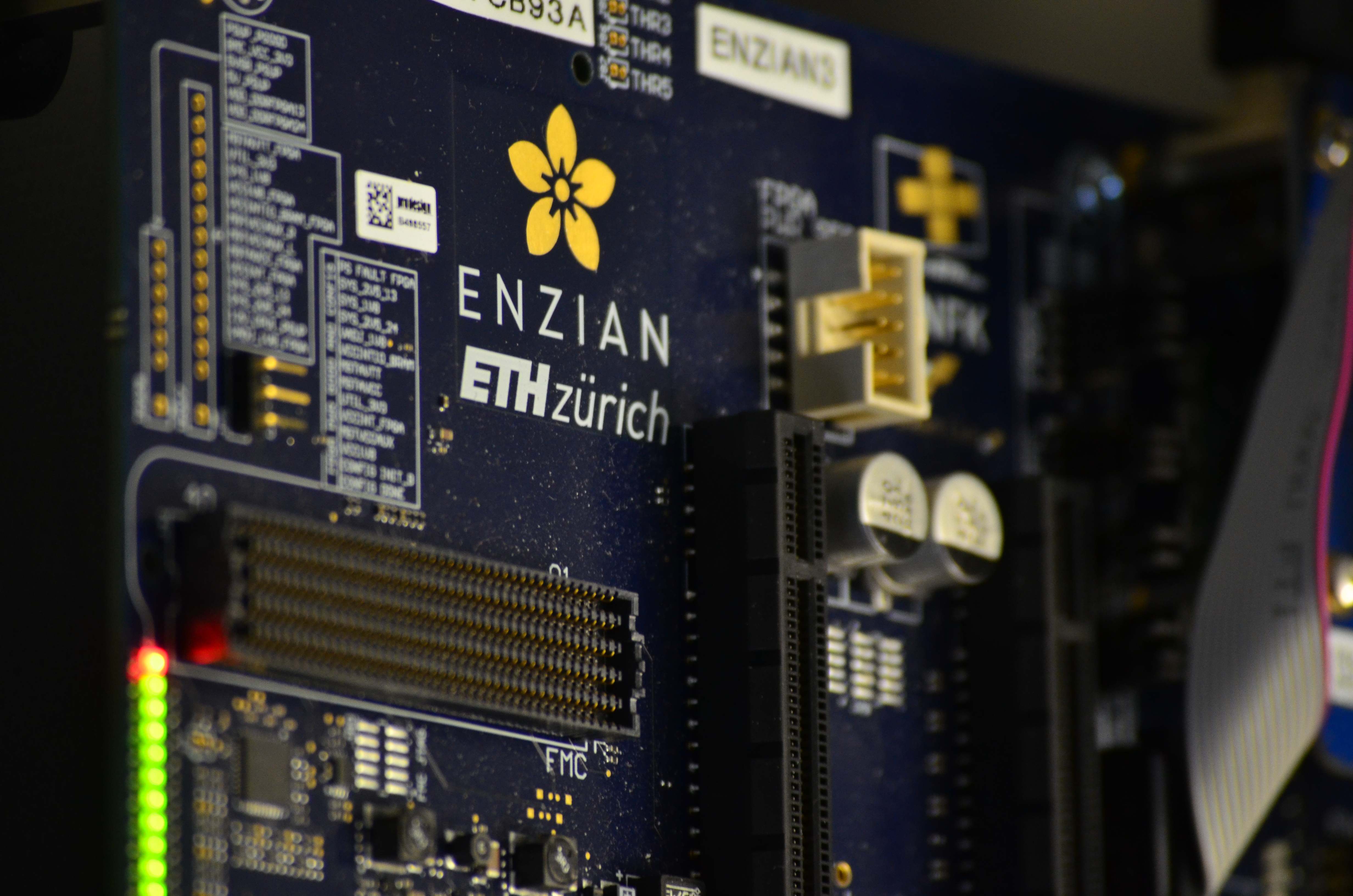 Closeup photo of an operating Enzian board.
