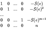 \begin{displaymath}\begin{array}{ccccc}
1 & 0 & ... & 0 & -S(e) \\
0 & 1 & ... ...
... 0 & ... & 1 & -S(e)^{m-1} \\
0 & 0 & ... & 0 & n
\end{array} \end{displaymath}