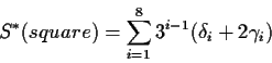 \begin{displaymath}S^*(square) = \sum_{i=1}^8 3^{i-1}(\delta_i+2\gamma_i) \end{displaymath}