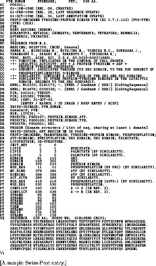 \begin{figure}\linespread{0.5}
\scriptsize\begin{tex2html_preform}\begin{verbat...
...preform}\normalsize
[A sample {Swiss-Prot} entry.]\linespread{1.3}
\end{figure}